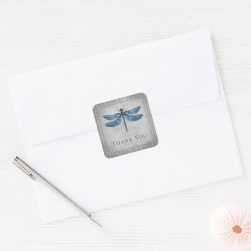 Blue Jeweled Dragonfly Wedding Thank You Square Sticker