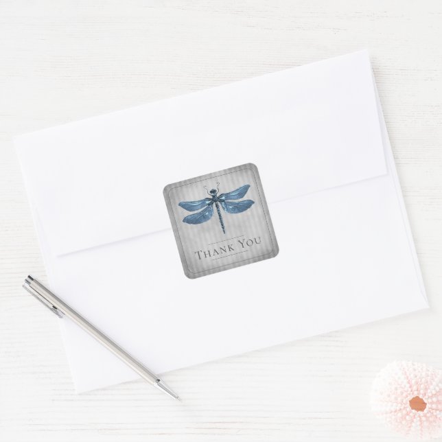 Blue Jeweled Dragonfly Wedding Thank You Square Sticker (Envelope)