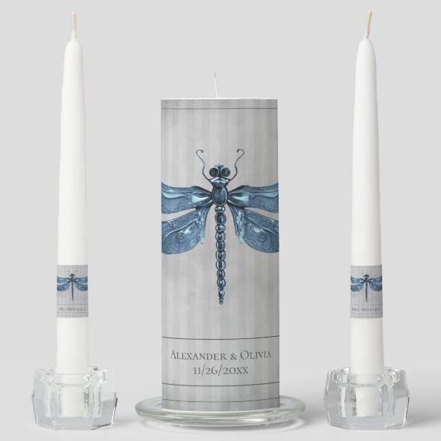 Blue Jeweled Dragonfly Wedding Unity Candle Set (Front)