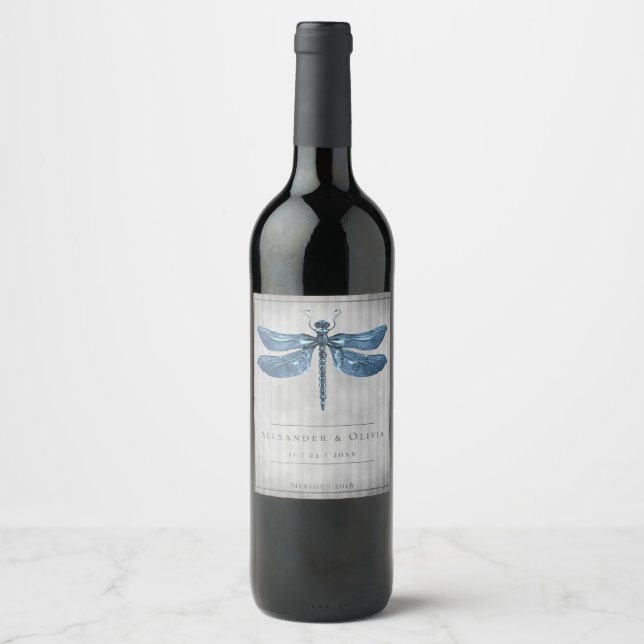 Blue Jeweled Dragonfly Wedding Wine Label (Front)