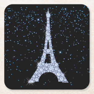 Blue Jeweled Eiffel Tower Square Paper Coaster