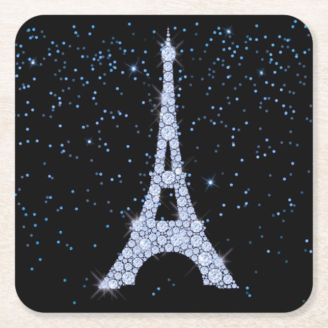 Blue Jeweled Eiffel Tower Square Paper Coaster (Front)