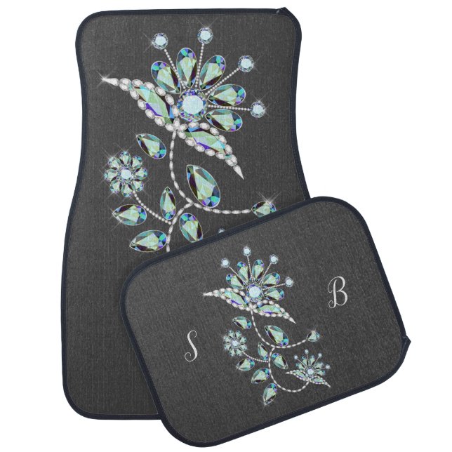 Blue Jeweled Flower Monogrammed  Car Floor Mat (Set)