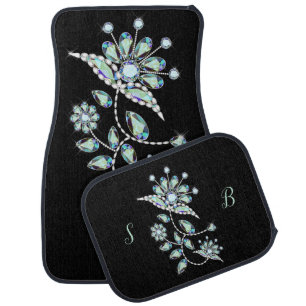Blue Jeweled Flower Monogrammed  Car Floor Mat