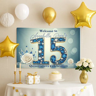 Blue Jewels & Silver Crown 15th Birthday Party Banner