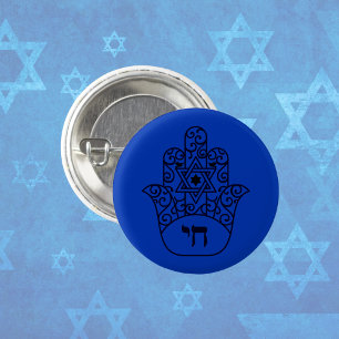 Blue Jewish Chai Hamsa with Star of David  Button