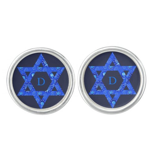 Blue Jewish Star of David Monogrammed Cufflinks