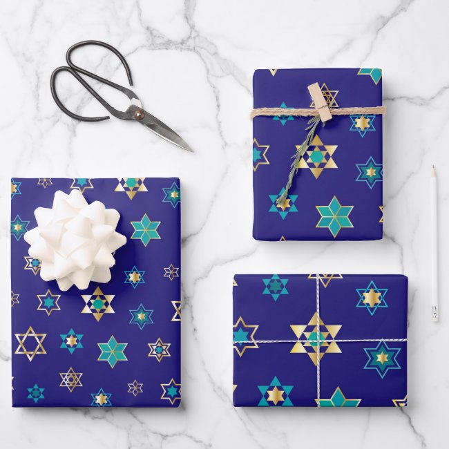 Blue Jewish Stars Design Wrapping Paper Set