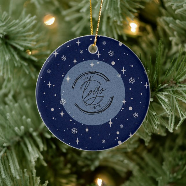 Blue Jolly Christmas Business Logo QR code Chic Ceramic Ornament (Tree)