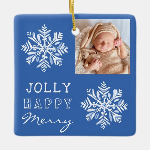 Blue Jolly Merry Snowflake Photo Christmas Holiday Ceramic Ornament
