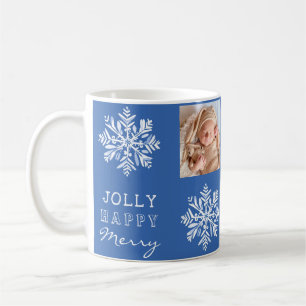 Blue Jolly Merry Snowflake Photo Christmas Holiday Coffee Mug