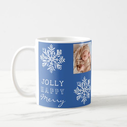 Blue Jolly Merry Snowflake Photo Christmas Holiday Coffee Mug