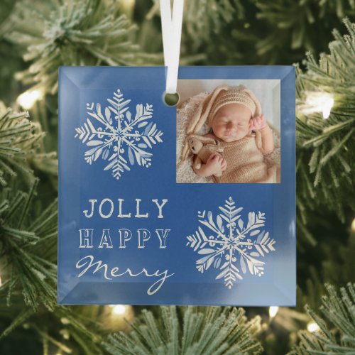 Blue Jolly Merry Snowflake Photo Christmas Holiday Glass Ornament