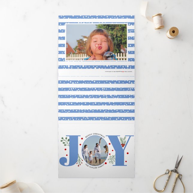 Blue joy and berries Christmas holiday photo Tri-Fold Holiday Card (Outside)