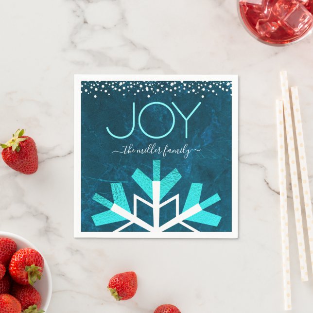 Blue Joy Holiday Snowflake Typography Script Name Napkins (Insitu)
