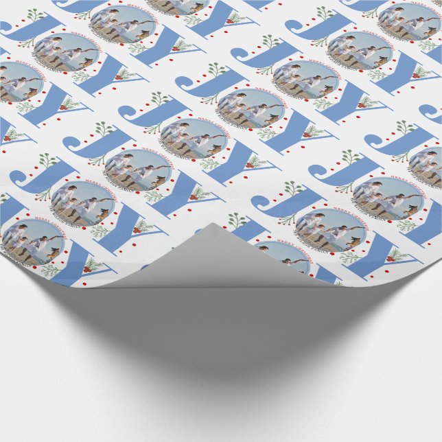 Blue JOY Merry Christmas holiday photo Wrapping Paper (Corner)