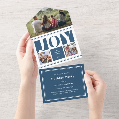 Blue Joy Photo Collage Modern Christmas Holiday All In One Invitation