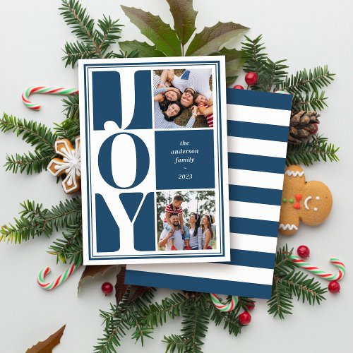 Blue Joy Photo Collage Modern Christmas Holiday Card