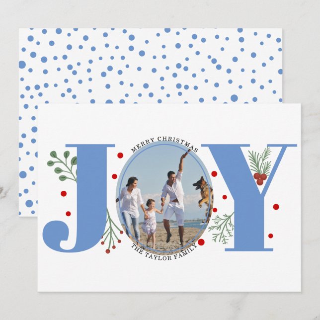blue Joy with berries Christmas photo Holiday Card (Front/Back)