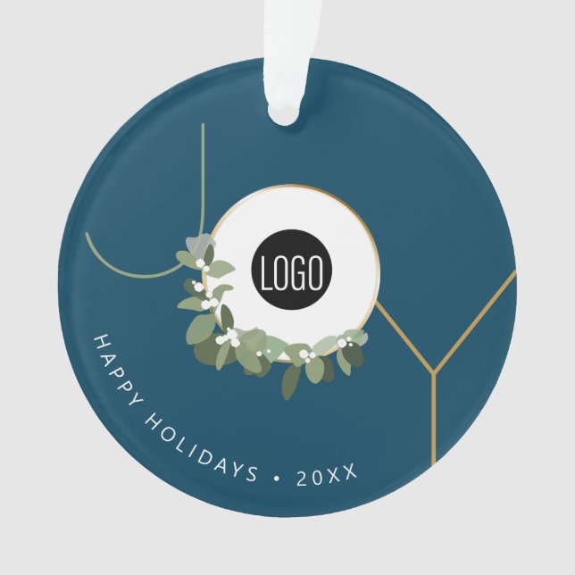 Blue JOY Wreath Happy Holidays Logo Promotional Ornament (Front)