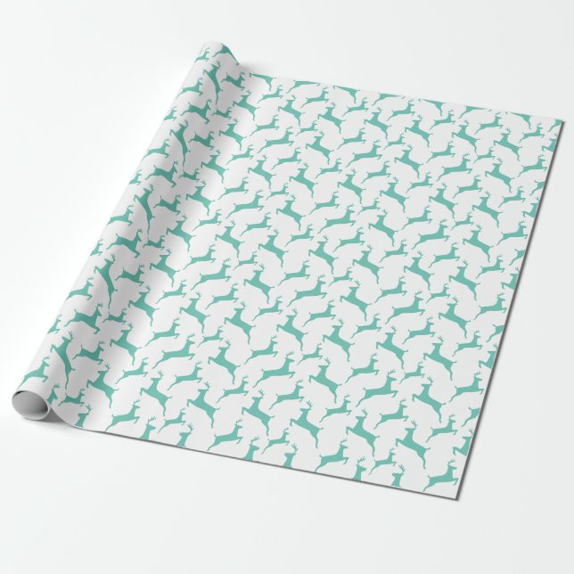 Blue Jumping Deer Christmas Pattern Wrapping Paper (Unrolled)