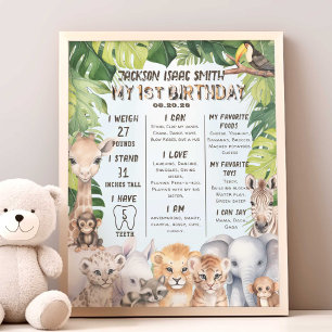 Blue Jungle Animals 1st Birthday Stats Milestone Photo Print