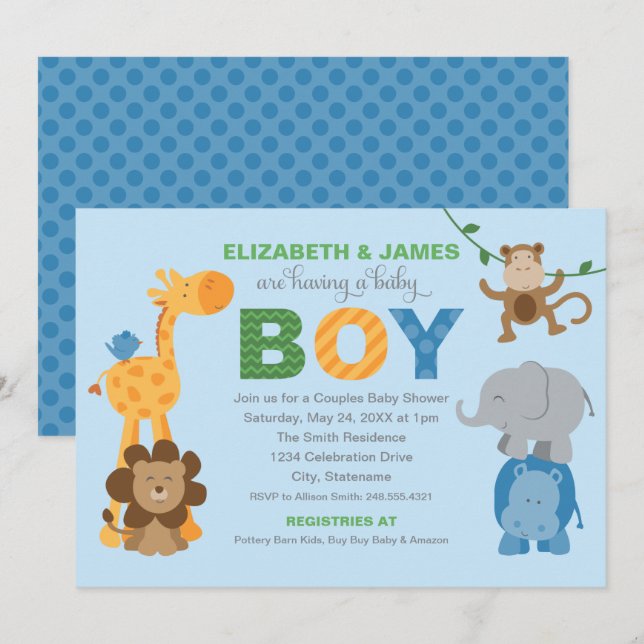 Blue Jungle Animals Baby Boy Couples Shower Invitation (Front/Back)