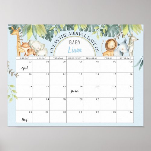 Blue jungle animals boy baby shower guessing game poster