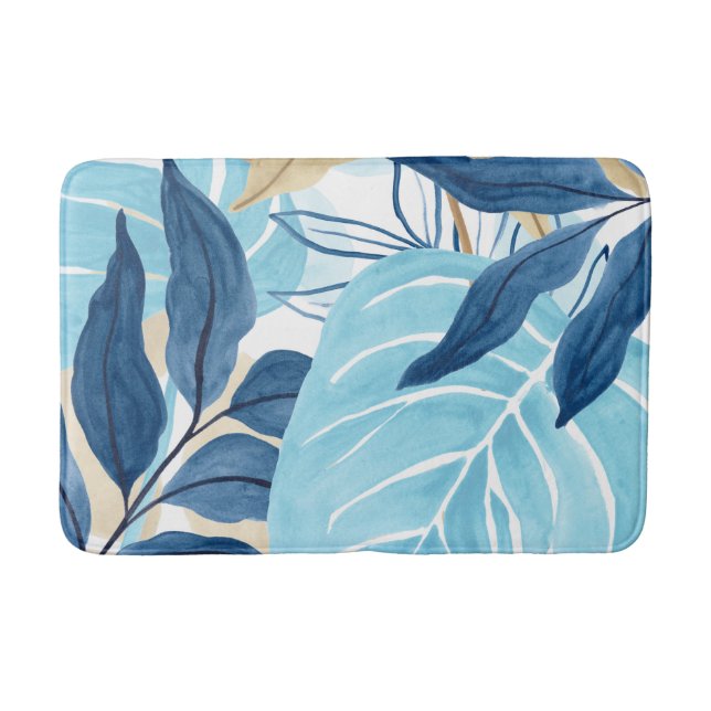 Blue Jungle Leaves Bath Mat (Front)