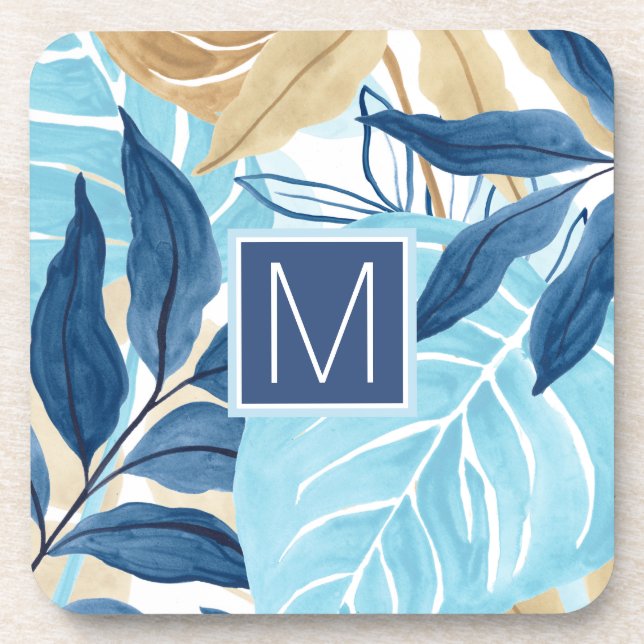 Blue Jungle Leaves Beverage Coaster (Front)