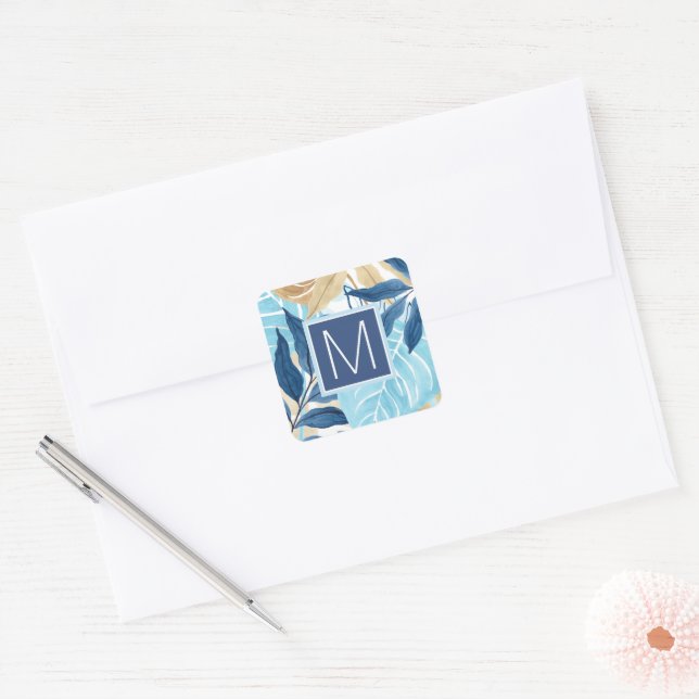 Blue Jungle Leaves Square Sticker (Envelope)