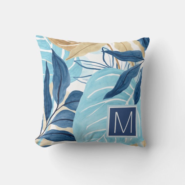 Blue Jungle Leaves Throw Pillow (Front)