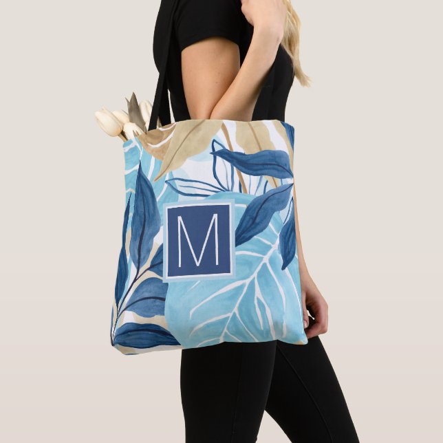 Blue Jungle Leaves Tote Bag (Close Up)