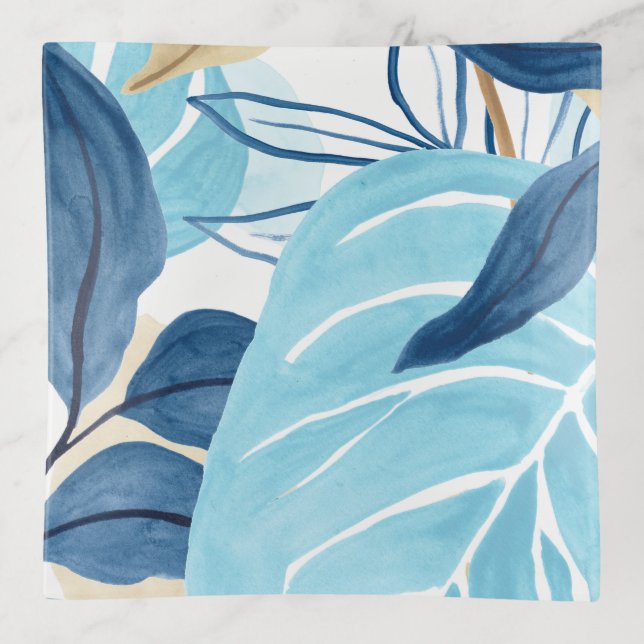 Blue Jungle Leaves Trinket Tray (Front)