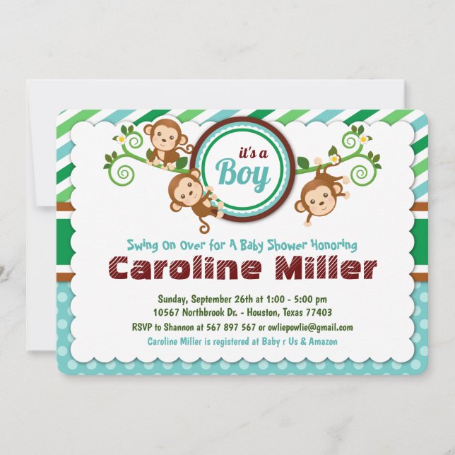 Blue Jungle Monkey Safari Animal Boy Baby Shower Invitation (Front)