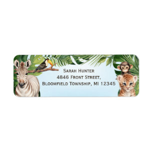 Blue jungle safari animals, birthday return addres label