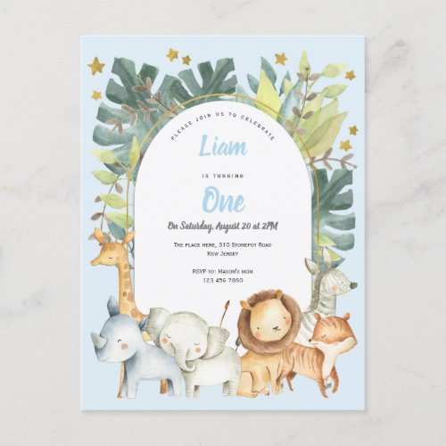 blue jungle safari animals boy first birthday invitation postcard