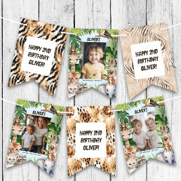 Blue Jungle Safari Animals Pattern Birthday Photo Bunting Flags