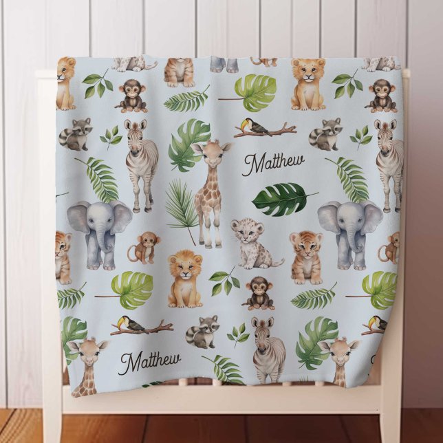Blue Jungle Safari Cute Animals Personalized name  Baby Blanket (Blue Baby Boy Personalized Name, Safari animals blanket.)