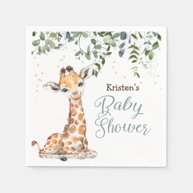 Blue Jungle Safari Giraffe Zoo Baby Shower Napkins (Front)