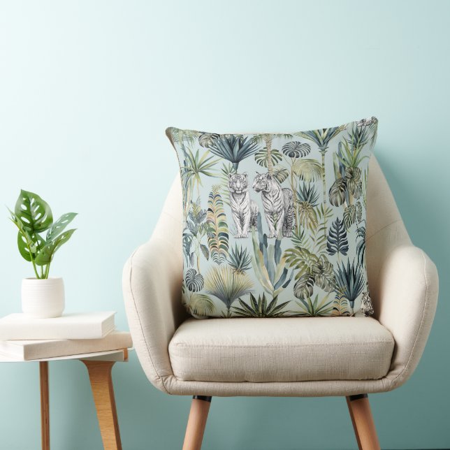Blue Jungle Whie Tigers Throw Pillow (Chair)