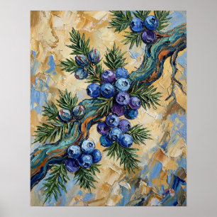 Blue Juniper Berries Textured Oil Painting Art Poster