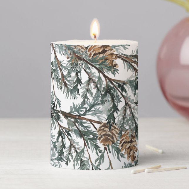 Blue Juniper Tree Branches And Cones Pillar Candle (In Situ)