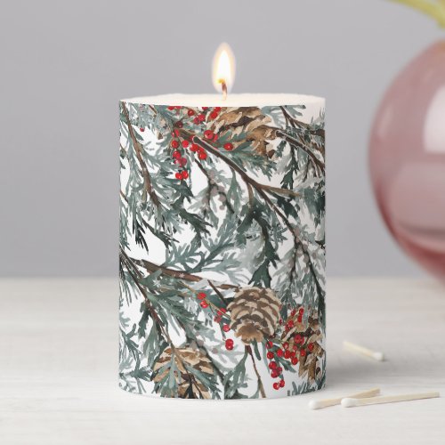 Blue Juniper Tree Branches Cones  Red Berries Pillar Candle