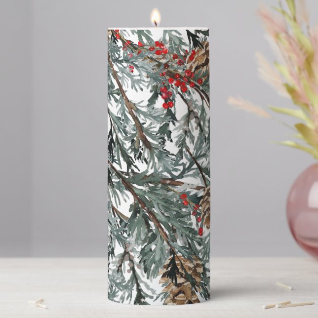 Blue Juniper Tree Branches Cones & Red Berries Pillar Candle (In Situ)