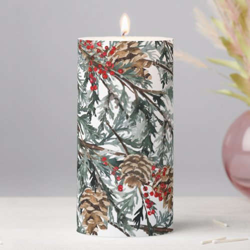 Blue Juniper Tree Branches Cones  Red Berries Pillar Candle