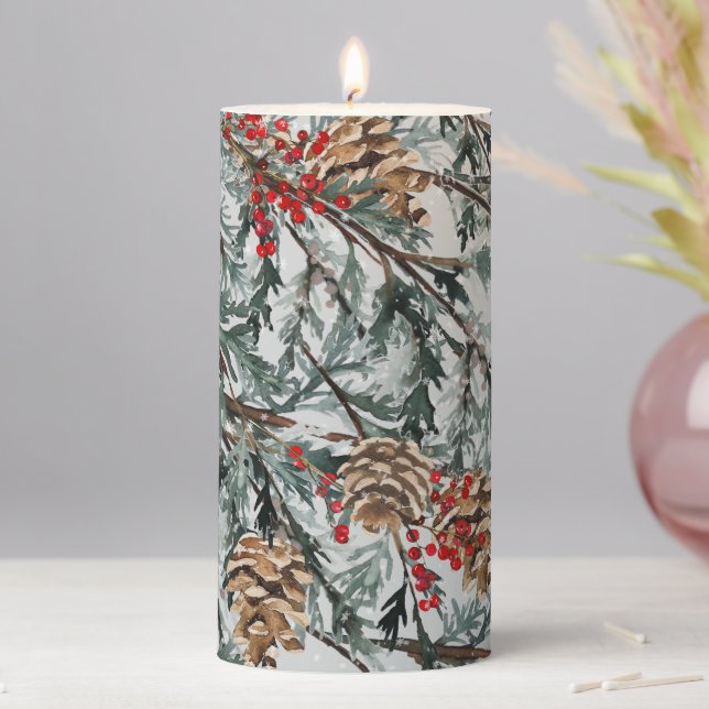 Blue Juniper Tree Branches Cones Red Berries Sage Pillar Candle (In Situ)