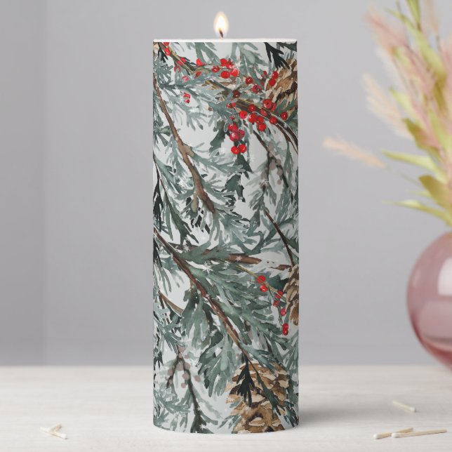 Blue Juniper Tree Branches Cones Red Berries Sage Pillar Candle (In Situ)