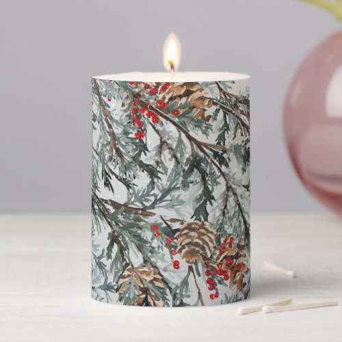 Blue Juniper Tree Branches Cones Red Berries Sage Pillar Candle