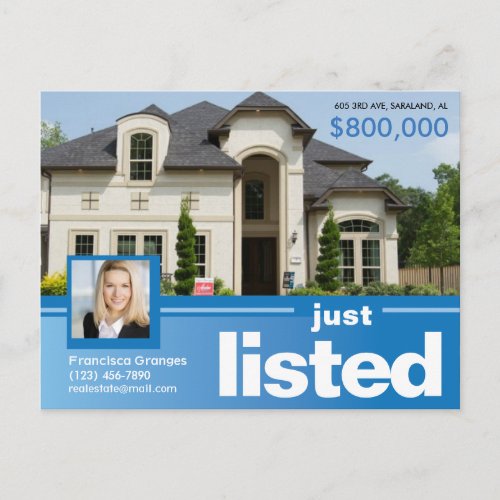 Blue Just listed real estate advert template Postcard